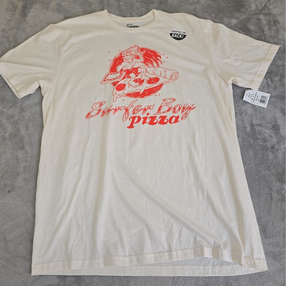 Stranger Things Shirt Mens Large Off White Surfer Boy Pizza Shop Casual